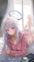 Rule 34 | 1girl, absurdres, alternate costume, ass, blue archive, blush, breasts, bubble99, character doll, cleavage, closed mouth, collarbone, commentary request, curtains, day, doodle sensei (blue archive), feet, feet up, grey hair, halo, highres, id card, indoors, korean commentary, lanyard, long sleeves, looking at viewer, lying, mechanical halo, medium breasts, noa (blue archive), on stomach, open collar, pajamas, panties, patterned clothing, pink pajamas, pink panties, pink shirt, purple eyes, sensei (blue archive), shirt, smile, soles, solo, sunlight, the pose, toes, underwear, window