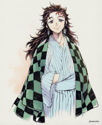 Rule 34 | 1boy, alternate hair length, alternate hairstyle, checkered clothes, closed mouth, coat, coat on shoulders, cowboy shot, dalc rose, earrings, grey eyes, haori, happy, heterochromia, highres, japanese clothes, jewelry, kamado tanjirou, kimetsu no yaiba, long hair, long sleeves, looking at viewer, male focus, aged up, pink eyes, scar, scar on face, scar on forehead, simple background, smile, solo, twitter username, wide sleeves