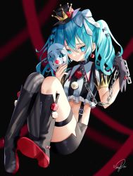 Rule 34 | 1girl, absurdres, black background, black footwear, black gloves, black hat, black shorts, blue eyes, blue hair, boots, bow, chain, clown mask, collared shirt, crop top, earrings, frilled shirt, frills, gloves, hair bow, hands up, hat, hatsune miku, highres, holding, jewelry, knees up, long hair, looking at viewer, mask, midriff, navel, red ribbon, ribbon, shirt, short shorts, shorts, single glove, single leg pantyhose, sinobi illust, solo, striped clothes, striped shirt, suspenders, thigh strap, thighs, top hat, twintails, unworn mask, vocaloid
