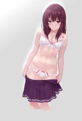 Rule 34 | 1girl, blush, bow, bow bra, bow panties, bra, breasts, brown eyes, brown hair, cleavage, closed mouth, clothes pull, commentary request, cowboy shot, cropped legs, embarrassed, frilled bra, frilled panties, frills, grey background, hair over shoulder, highres, katou megumi, legs, light frown, long hair, looking at viewer, miniskirt, navel, no shirt, ohjin, panties, pleated skirt, purple skirt, saenai heroine no sodatekata, school uniform, simple background, skirt, skirt pull, small breasts, solo, standing, striped clothes, striped skirt, underwear, underwear only, undressing, white bra, white panties