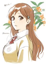 Rule 34 | 1girl, bleach, bow, bowtie, breasts, brown eyes, brown hair, brown sweater vest, collared shirt, commentary request, facing to the side, floral background, from side, hair behind ear, hair ornament, hairpin, highres, inoue orihime, konetaa, large breasts, long hair, looking at viewer, red bow, red bowtie, school uniform, shirt, simple background, sketch, solo, sweater vest, twitter username, upper body, white shirt