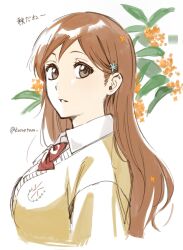 1girl bleach bow bowtie breasts brown_eyes brown_hair brown_sweater_vest collared_shirt commentary_request facing_to_the_side floral_background from_side hair_behind_ear hair_ornament hairpin highres inoue_orihime konetaa large_breasts long_hair looking_at_viewer red_bow red_bowtie school_uniform shirt simple_background sketch solo sweater_vest twitter_username upper_body white_shirt