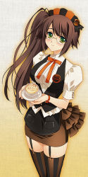 Rule 34 | 1girl, apron, blush, brown hair, carnelian, coffee, cup, garter straps, glasses, green eyes, headdress, long hair, original, personification, ribbon, side ponytail, smile, solo, striped clothes, striped thighhighs, thighhighs, tully&#039;s coffee, vertical-striped clothes, vertical-striped thighhighs, zettai ryouiki