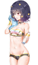 Rule 34 | 10s, 1girl, absurdres, armpit crease, bare shoulders, black choker, blue hair, blush, bottle, breasts, choker, clothes writing, collarbone, commentary request, cowboy shot, flower, groin, hair between eyes, hair flower, hair ornament, hand up, highres, holding, holding bottle, holding towel, korean commentary, medium breasts, midriff, mizuno ai, navel, parted lips, red eyes, revision, ribbon, short hair, sidelocks, simple background, solo, standing, stomach, strapless, sunhyun, sweat, teeth, towel, tube top, water bottle, white background, wrist ribbon, yellow flower, yellow ribbon, zombie land saga
