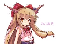 Rule 34 | 1girl, belt, blouse, blush, bow, bowtie, brown eyes, character name, closed mouth, hair bow, horn ornament, horn ribbon, horns, ibuki suika, light brown hair, light smile, long hair, looking at viewer, low-tied long hair, oni horns, purple ribbon, red bow, red bowtie, ribbon, ryogo, shirt, sidelocks, simple background, sketch, sleeveless, sleeveless shirt, solo, touhou, upper body, very long hair, white background, white shirt