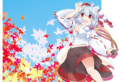 Rule 34 | 1girl, ahoge, animal ears, armpits, autumn leaves, black skirt, blouse, blue background, blue sky, breasts, camera, day, detached sleeves, grey hair, hat, holding, inubashiri momiji, leaf, leaf print, long hair, long skirt, looking at viewer, maple leaf, medium breasts, midriff, navel, open mouth, pom pom (clothes), red eyes, ribbon-trimmed sleeves, ribbon trim, sarashi, shige (st-k), shirt, short hair, simple background, skirt, sky, solo, stomach, tail, tokin hat, touhou, white hair, white shirt, wolf ears, wolf tail