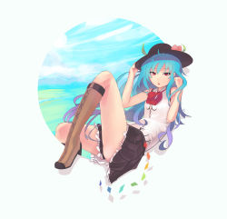 Rule 34 | 1girl, adapted costume, alternate costume, blue hair, boots, brown footwear, convenient censoring, cross-laced footwear, ehrrr, food, fruit, hat, high heel boots, high heels, highres, hinanawi tenshi, knee boots, lace-up boots, long hair, looking at viewer, miniskirt, open mouth, peach, pleated skirt, red eyes, shirt, skirt, sleeveless, solo, touhou
