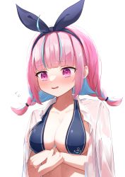 Rule 34 | absurdres, ahoge, animal ear fluff, bikini, blue bikini, blue hair, blue nails, blunt bangs, bow hairband, braid, breasts, cleavage, colored inner hair, commentary request, fingernails, hairband, highres, hololive, large breasts, low twintails, minato aqua, multicolored hair, nail polish, oudon (udonnaiyo), pink eyes, pink hair, shirt, shirt on shoulders, sidelocks, sling bikini top, streaked hair, swimsuit, twin braids, twintails, two-tone hair, virtual youtuber, white shirt