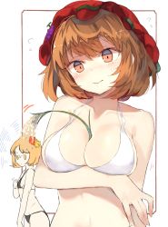 Rule 34 | 2girls, aki minoriko, aki shizuha, bad id, bad nicoseiga id, bare arms, bare shoulders, bei mochi, between breasts, bikini, bikini top only, black bikini, blonde hair, blush, breast envy, breast hold, breasts, brown eyes, brown hair, cleavage, closed mouth, commentary request, flying sweatdrops, food, fruit, grapes, hair ornament, hat, highres, leaf hair ornament, looking at another, medium breasts, mob cap, multiple girls, red hat, small breasts, suminagashi, sweat, swimsuit, touhou, white bikini, yellow eyes