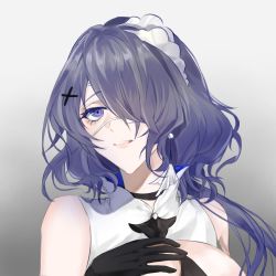 Rule 34 | 1girl, arknights, bare shoulders, black choker, black gloves, breasts, choker, commentary request, gloves, gradient background, grey background, guoziqiqi, hair ornament, hair over one eye, highres, large breasts, long hair, looking at viewer, open mouth, purple eyes, purple hair, solo, upper body, whisperain (arknights), x hair ornament