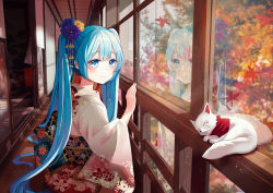 Rule 34 | 1girl, absurdres, autumn leaves, blue eyes, blue hair, cat, commentary, floral print, flower, from side, hair flower, hair ornament, hatsune miku, highres, indoors, iren lovel, japanese clothes, kimono, leaf, long hair, maple leaf, reflection, sliding doors, twintails, very long hair, vocaloid, window