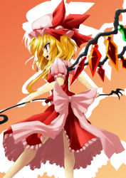 Rule 34 | 1girl, bad id, bad pixiv id, blonde hair, bow, embodiment of scarlet devil, female focus, flandre scarlet, gradient background, hat, highres, laevatein, long hair, red eyes, side ponytail, solo, touhou, wazuka na shiawase, wings