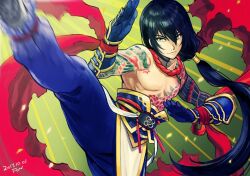 Rule 34 | 1boy, arm tattoo, black hair, blue pants, closed mouth, dated, dragon tattoo, fate/grand order, fate (series), flower tattoo, fon-due (fonfon), gauntlets, green background, green eyes, hair between eyes, jewelry, kicking, leg up, long hair, looking at viewer, male focus, motion blur, necklace, pants, pectorals, signature, solo, tattoo, toned, toned male, topless male, very long hair, yan qing (fate)