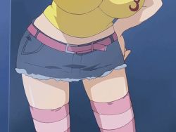 Rule 34 | 00s, 1girl, animated, animated gif, breasts, cleavage, huge breasts, iihara nao, pink hair, resort boin, short hair, skirt, striped clothes, striped thighhighs, thighhighs