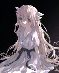 Rule 34 | 1girl, backlighting, black background, blue eyes, dress, ender lilies quietus of the knights, hair ribbon, highres, jewelry, light, light particles, lily (ender lilies), long hair, necklace, peco (ppeco0), ribbon, sitting, sketch, solo, very long hair, white dress, white hair, white ribbon