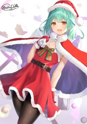Rule 34 | 1girl, :d, absurdres, aqua eyes, belt, belt buckle, black pantyhose, blush, bobblehat, box, breasts, buckle, cape, carrying over shoulder, cleavage, dress, dutch angle, fur-trimmed cape, fur-trimmed dress, fur-trimmed gloves, fur-trimmed headwear, fur trim, gift, gift box, gloves, gradient background, green ribbon, hat, highres, hololive, huge filesize, looking at viewer, open mouth, orb, pantyhose, red cape, red dress, red eyes, red gloves, ribbon, sack, santa costume, santa gloves, santa hat, shiina aoi, short hair, signature, skull, small breasts, smile, solo, twitter username, uruha rushia, virtual youtuber, white background