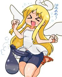 Rule 34 | &gt;o&lt;, 1other, angel wings, black shorts, blonde hair, blush, bodysuit condom, breasts, broken halo, bulge, commentary request, crimvael, cum, cum in clothes, dress, ejaculation under clothes, erection, erection under clothes, closed eyes, floating, flying sweatdrops, full-face blush, futanari, halo, ishuzoku reviewers, large penis, long hair, open mouth, penis, rariatto (ganguri), sandals, shorts, simple background, small breasts, solo, white background, white dress, wings