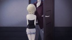 Rule 34 | 1boy, 1girl, alternate costume, backless outfit, bad id, bad pixiv id, bare shoulders, blonde hair, collarbone, door, doorknob, from behind, genshin impact, highres, indoors, light particles, lumine (genshin impact), night, shiki (shiki1230), short hair, shorts, tartaglia (genshin impact)