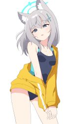 Rule 34 | 1girl, absurdres, animal ear fluff, animal ears, blue archive, blue eyes, competition school swimsuit, cross, grey hair, hagoonha, half-closed eyes, halo, heterochromia, highres, inverted cross, jacket, medium hair, school swimsuit, shiroko (blue archive), simple background, swimsuit, swimsuit under clothes, white background, wolf ears, yellow jacket