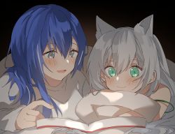 Rule 34 | 2girls, animal ears, aogisa, blue hair, blush, book, dp28 (girls&#039; frontline), girls&#039; frontline, grey hair, highres, ksvk (girls&#039; frontline), long hair, looking at another, looking down, lying, mother and daughter, multiple girls, on stomach, open mouth, shirt, simple background, smile, white shirt