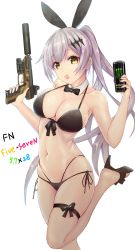 Rule 34 | 1girl, absurdres, bad id, bad pixiv id, bare arms, bare shoulders, bikini, black bikini, bow, bowtie, breasts, can, character name, cleavage, collarbone, detached collar, energy drink, five-seven (cruise queen) (girls&#039; frontline), five-seven (girls&#039; frontline), fn five-seven, franz (217franz), front-tie bikini top, front-tie top, girls&#039; frontline, gun, hair ornament, hair ribbon, halterneck, handgun, hands up, high heels, highleg, highleg bikini, highres, holding, holding can, holding gun, holding weapon, huge filesize, large breasts, leg up, long hair, looking at viewer, monster energy, multi-strapped bikini, navel, official alternate costume, open mouth, pdw-caliber pistol, ponytail, ribbon, sandals, side-tie bikini bottom, silver hair, skindentation, solo, suppressor, swimsuit, thigh strap, trigger discipline, very long hair, weapon, white background, yellow eyes