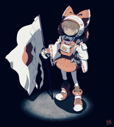 Rule 34 | 1girl, absurdres, adapted costume, ascot, astronaut, black background, blunt bangs, bow, brown hair, commentary request, detached sleeves, dress, flag, frilled bow, frills, full body, gloves, gohei, hair bow, hair tubes, hakurei reimu, hat, hat bow, helmet, highres, holding, holding flag, japanese flag, long sleeves, looking at viewer, no nose, nontraditional miko, on moon, purple ascot, red bow, red dress, red eyes, red footwear, red ribbon, ribbon, ribbon-trimmed sleeves, ribbon trim, shide, shoes, sidelocks, signature, sleeveless, sleeveless dress, sneakers, sokura (mochichitose), solo, space helmet, spacesuit, spotlight, standing, touhou, white gloves, white sleeves, wide sleeves, yin yang, yin yang print