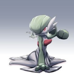 Rule 34 | 1girl, absurdres, clenched hand, clenched teeth, creatures (company), dress, game freak, gardevoir, gen 3 pokemon, green hair, grey background, hair over one eye, highres, imminent punch, nintendo, no humans, pale skin, pokemon, pokemon (creature), red eyes, short hair, simple background, sitting, solo, tears, teeth, thighs, white dress, zerold