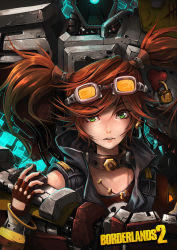 Rule 34 | 1girl, borderlands (series), borderlands 2, brown gloves, choker, copyright name, deathtrap, earrings, eyewear on head, fingerless gloves, gaige, gloves, goggles, green eyes, hair ornament, jewelry, krit parnsanay, looking at viewer, mecha, necklace, parted lips, red hair, revision, robot, solo, twintails