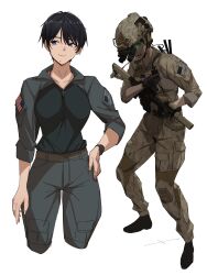 1girl absurdres assault_rifle black_hair blue_eyes camouflage camouflage_jacket camouflage_pants collarbone combat_helmet gun helmet highres holding holding_weapon jacket military_uniform mole original pants pen_guin15 rifle short_hair simple_background sleeves_rolled_up solo watch weapon white_background wristwatch