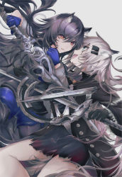 Rule 34 | 2girls, :d, arknights, black dress, black gloves, black hair, black pantyhose, black shirt, blue eyes, blue gloves, blue shorts, dress, eye contact, fang, floating hair, gloves, grey hair, hair ornament, hairclip, highres, holding, holding sword, holding weapon, lappland (arknights), lappland (refined horrormare) (arknights), long hair, looking at another, mirui, multiple girls, official alternate costume, open mouth, orange eyes, pantyhose, pantyhose under shorts, scar, scar across eye, scowl, shirt, shorts, simple background, skin fang, smile, sword, texas (arknights), texas the omertosa (arknights), weapon, white background