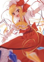 Rule 34 | 1girl, ahoge, blonde hair, fangs, fingernails, flandre scarlet, hat, hat ribbon, long fingernails, long hair, looking at viewer, nail polish, open mouth, outstretched arms, red eyes, ribbon, sharp fingernails, solo, touhou, transistor, wings, wrist cuffs