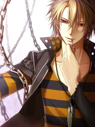 Rule 34 | 1boy, amnesia (idea factory), blonde hair, chain, feathers, jacket, jewelry, key, male focus, necklace, ouka mai, smile, solo, toma (amnesia), white background, yellow eyes