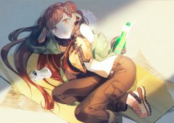 Rule 34 | 1girl, 3shine 02, black survival, bottle, braid, braided bun, brown hair, can, chinese clothes, crocs, double bun, eternal return: black survival, hair bun, highres, li dailin, long hair, looking at viewer, midriff, official alternate costume, open mouth, pants, soju, solo, tagme, yellow eyes