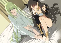 Rule 34 | 1girl, 1other, akinashi yuu, androgynous, anklet, asymmetrical legwear, barefoot, black ribbon, bow, breasts, brown hair, collarbone, commentary request, dutch angle, earrings, enkidu (fate), fate/grand order, fate/strange fake, fate (series), feet, feet together, green eyes, green hair, hair between eyes, hair bow, hand up, holding leg, hoop earrings, indoors, ishtar (fate), jewelry, knee to chest, legs, licking lips, long hair, on bed, parted bangs, red eyes, ribbon, robe, shadow, sidelocks, single thighhigh, sitting, small breasts, thighhighs, toeless legwear, tongue, tongue out, uneven legwear, very long hair