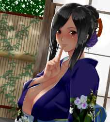 Rule 34 | 1girl, arm at side, black hair, blue kimono, breasts, brown eyes, brown hair, cleavage, closed mouth, collarbone, final fantasy, final fantasy vii, finger to mouth, fingernails, floral print, flower, hair flower, hair ornament, hair ribbon, hand up, highres, huge breasts, japanese clothes, kimono, large breasts, leaf, light smile, long fingernails, long hair, long sleeves, looking at viewer, obi, plant, print kimono, revision, ribbon, sash, short hair, sliding doors, solo, switch01, tifa lockhart, upper body, wide sleeves