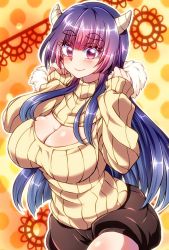 Rule 34 | 1girl, akashiro yakumo, bad id, bad twitter id, blue hair, breasts, cleavage, cleavage cutout, clothing cutout, eyebrows, gradient hair, highres, horns, jinguu yakumo, large breasts, long hair, looking at viewer, meme attire, multicolored hair, natsu hotaru, open-chest sweater, origami, original, pink eyes, pink hair, ribbed sweater, shorts, smile, solo, sweater, thick eyebrows, turtleneck