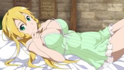 Rule 34 | 10s, 1girl, bad id, bad twitter id, bed sheet, blonde hair, breasts, cleavage, dress, from side, green dress, green eyes, hair between eyes, highres, indoors, large breasts, leafa, long hair, looking at viewer, lying, on back, pillow, pointy ears, short dress, sleeveless, sleeveless dress, smile, solo, striped clothes, striped dress, sword art online, vertical stripes, very long hair
