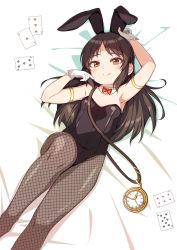 Rule 34 | 1girl, ace (playing card), ace of hearts, animal ears, black hair, black leotard, bow, bowtie, brown eyes, brown pantyhose, card, commentary request, commission, cowboy shot, detached collar, fishnet pantyhose, fishnets, flat chest, fuu (koneko no yomeiri), heart, highres, idolmaster, idolmaster cinderella girls, leotard, long hair, lying, pantyhose, playboy bunny, playing card, pocket watch, rabbit ears, red bow, red bowtie, skeb commission, solo, strapless, strapless leotard, tachibana arisu, watch