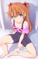 Rule 34 | 1girl, 2022, arm support, bare shoulders, barefoot, blue eyes, bodysuit, breasts, brown hair, cleavage, covered navel, dated, full body, highres, horishin1986, horns, light smile, long hair, neon genesis evangelion, shiny skin, sitting, small breasts, solo, souryuu asuka langley