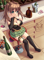 Rule 34 | 1girl, alcohol, bare shoulders, black thighhighs, blush, brand name imitation, breasts, bridal garter, brown hair, bust cup, card, cleavage, credit card, cup, detached sleeves, drinking glass, flag print, full body, garter straps, green eyes, hair ribbon, highres, indoors, long hair, looking at viewer, medium breasts, money, nail polish, original, ribbon, sitting, skirt, solo, spill, stool, thighhighs, twintails, union jack, wine, wine glass, yurina