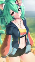 Rule 34 | 1girl, absurdres, animal ears, artist name, breasts, brown eyes, cat ears, cat tail, cleavage, closed mouth, eyebrows hidden by hair, flower, hair between eyes, highres, indie virtual youtuber, jewelry, midriff, navel, necklace, outdoors, radraddles, rosedoodle (vtuber), stomach, tail, virtual youtuber