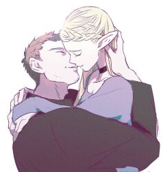 Rule 34 | 1boy, 1girl, aged up, beard stubble, black choker, blonde hair, braid, bridal gauntlets, choker, closed eyes, commentary request, dungeon meshi, facial hair, french braid, hand on another&#039;s neck, highres, hug, imminent kiss, kuntama11, laios touden, long hair, marcille donato, short hair, smile, stubble, white background