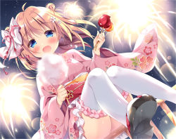 Rule 34 | 1girl, :d, blonde hair, blue eyes, blush, candy apple, cotton candy, double bun, fireworks, food, frilled thighhighs, frills, hair bun, half-closed eyes, holding, holding food, japanese clothes, kimono, night, obi, open mouth, original, outdoors, pan (mimi), pink kimono, sash, sitting, smile, solo, thighhighs, white thighhighs