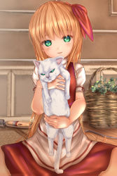 Rule 34 | 1boy, animal, apron, blonde hair, blush, bow, cat, clip studio paint (medium), commentary request, ellen (touhou), green eyes, hair bow, hairband, highres, holding, holding animal, holding cat, long hair, open mouth, puffy short sleeves, puffy sleeves, red hairband, red ribbon, red skirt, red vest, ribbon, sex toy, shirt, short sleeves, shounen (hogehoge), sitting, skirt, spread legs, touhou, touhou (pc-98), turtleneck, very long hair, vest, waist apron, white apron, white bow, white cat, white shirt