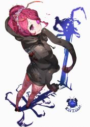 Rule 34 | 1girl, character name, entoma vasilissa zeta, glowing, glowing eye, looking back, official art, ofuda, overlord (maruyama), pink eyes, pink hair, smile, so-bin, standing, striped clothes, striped thighhighs, sweater, thighhighs