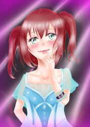 Rule 34 | 1girl, aqua dress, aqua eyes, aqua ribbon, arm behind back, artist name, artist request, blush, breasts, cleavage, close-up, collarbone, dress, female focus, green eyes, hair between eyes, hair ornament, hair ribbon, highres, kurosawa ruby, looking at viewer, love live!, love live! sunshine!!, parted lips, plaid, plaid dress, pleated, pleated dress, pom pom (clothes), pom pom hair ornament, purple background, red hair, ribbon, short hair, short sleeves, small breasts, smile, solo, twintails, two side up, upper body, water blue new world, white ribbon