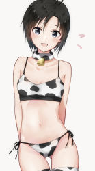 Rule 34 | 1girl, :d, animal print, antenna hair, arms behind back, bare shoulders, bell, bikini, black eyes, black hair, blush, breasts, cleavage, collar, collarbone, commentary request, cow print, cowboy shot, flying sweatdrops, fur collar, gluteal fold, groin, hair between eyes, highres, idolmaster, idolmaster (classic), idolmaster 2, kikuchi makoto, looking at viewer, midriff, mogskg, navel, neck bell, open mouth, short hair, side-tie bikini bottom, sidelocks, simple background, small breasts, smile, solo, standing, swimsuit, thighhighs, white background, white bikini, white thighhighs