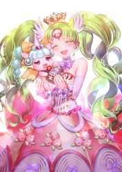 Rule 34 | 1girl, bare shoulders, blush, bow, closed eyes, detached collar, detached sleeves, dress, facing viewer, falulu, flower, forehead jewel, green hair, hair ornament, head tilt, heart, holding, irua, lens flare, long hair, open mouth, parted bangs, pretty series, pripara, rose, simple background, smile, tiara, twintails, unicorn (pripara)