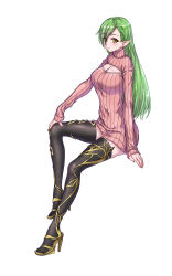 Rule 34 | 1girl, black thighhighs, blush, breasts, chinese commentary, cleavage, cleavage cutout, closed mouth, clothing cutout, commentary request, dress, eyes visible through hair, full body, gold, green hair, hair between eyes, high heels, highres, invisible chair, large breasts, long hair, long sleeves, looking at viewer, original, pink sweater, pointy ears, simple background, sitting, smile, solo, sweater, sweater dress, thighhighs, white background, yeklsa, yellow eyes, yellow footwear