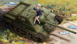 Rule 34 | 1girl, blue eyes, caterpillar tracks, commentary, day, english commentary, grass, hair ornament, highres, light brown hair, military, military vehicle, motor vehicle, original, pants, russian text, shirt, sitting, smile, soviet, star (symbol), striped clothes, striped shirt, su-85, tank, telnyashka, vehicle focus, water, yorktown cv-5